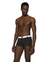 Striped-print high-legged swim trunks with DG logo belt -  | Dolce & Gabbana