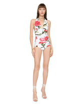 Carnation-print one-piece swimsuit with plunging neckline -  | Dolce & Gabbana
