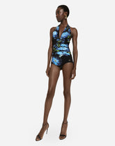 One-piece swimsuit with plunging neckline and bluebell print -  | Dolce & Gabbana