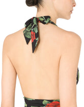 Rose-print one-piece swimsuit with plunging neckline -  | Dolce & Gabbana