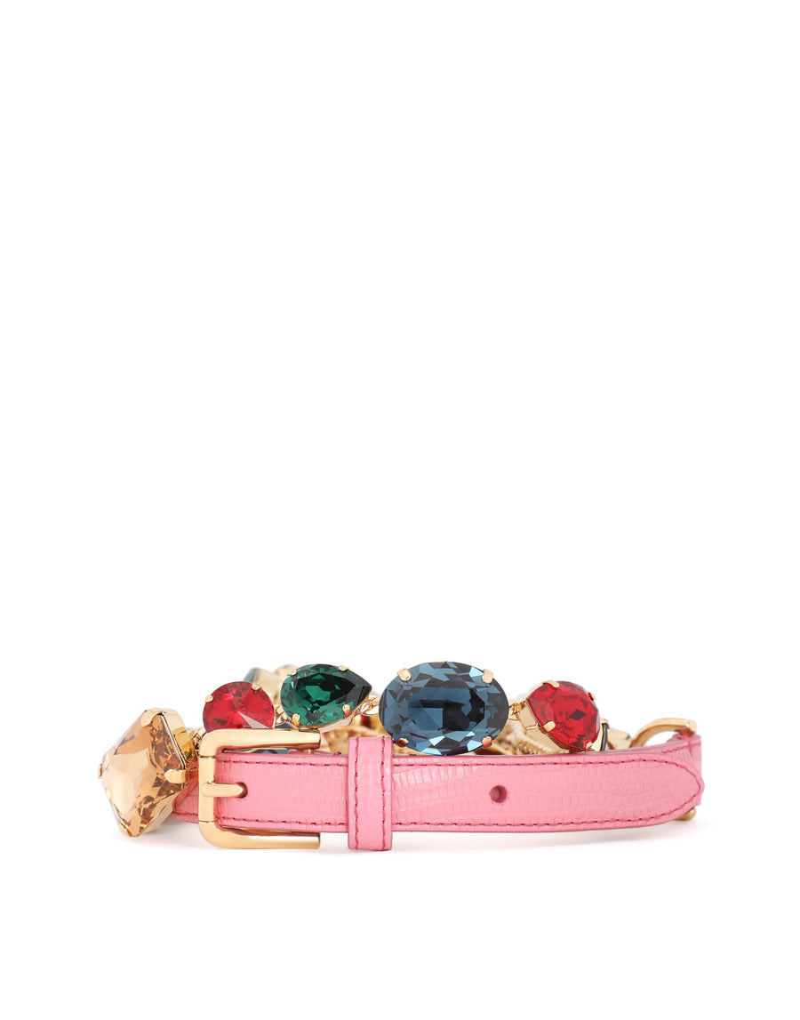 Dolce & Gabbana Belt In Pink Hammered Calf Leather With Stones Chain