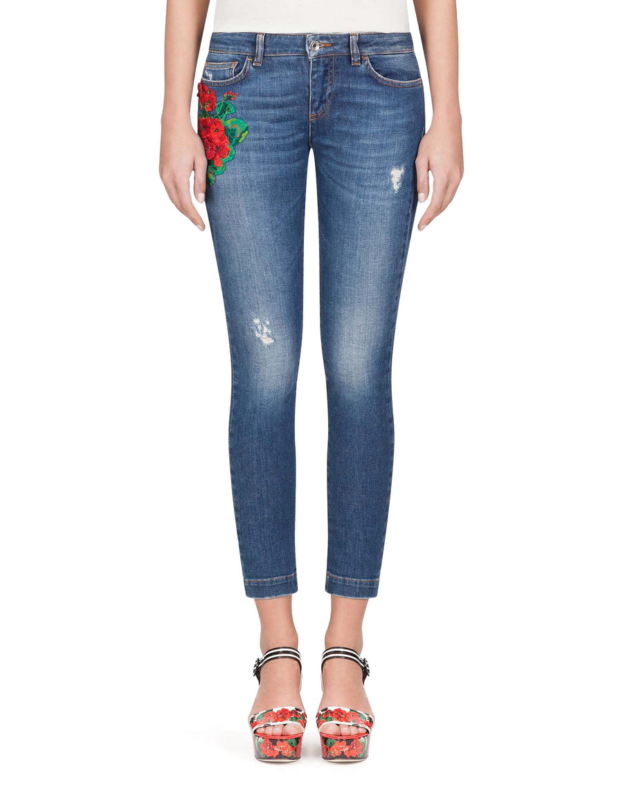 Stretch jeans with floral embroidery