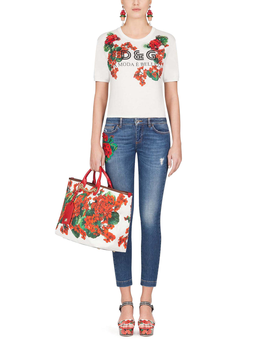 Stretch jeans with floral embroidery