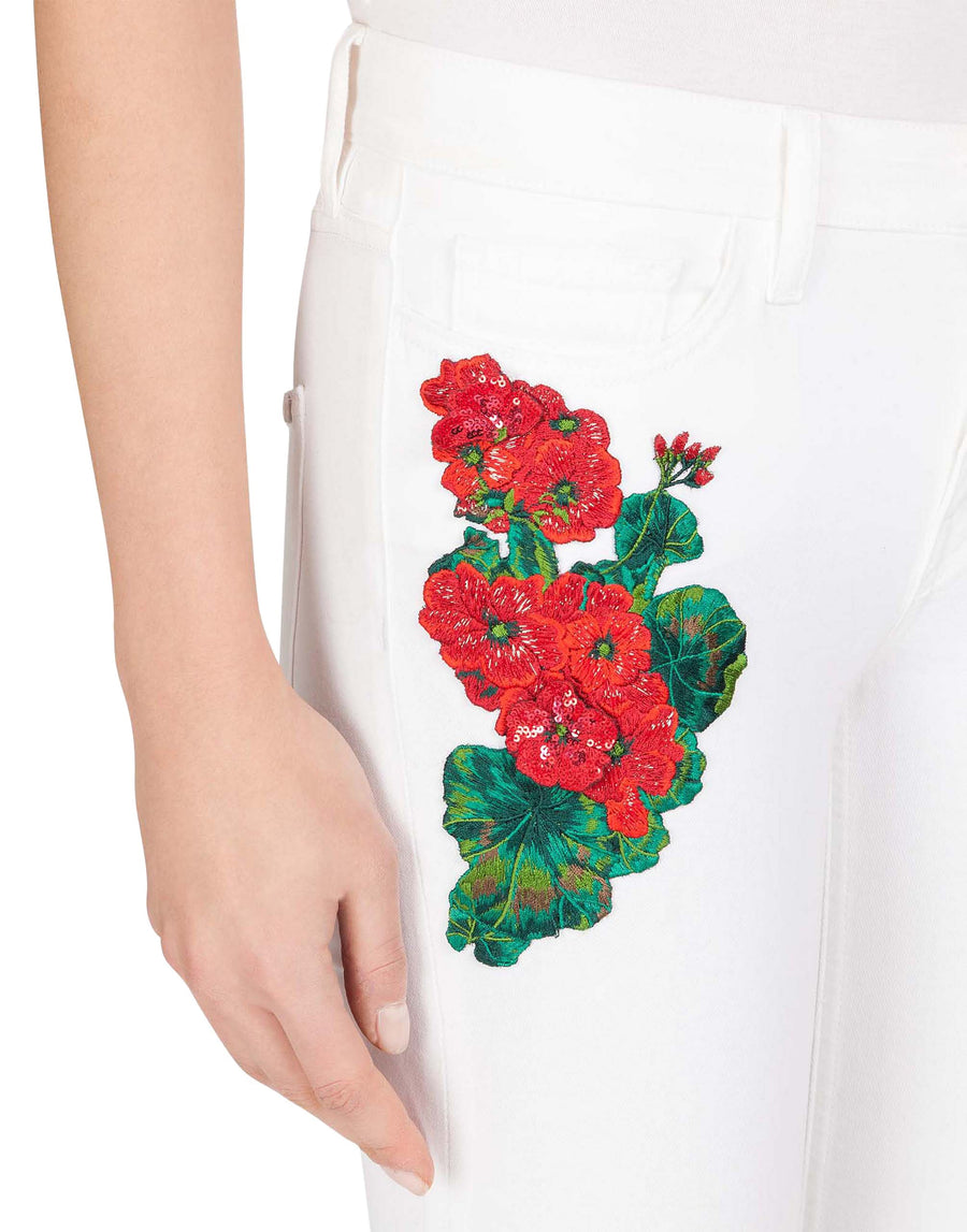 Stretch cotton trousers with floral embroidery