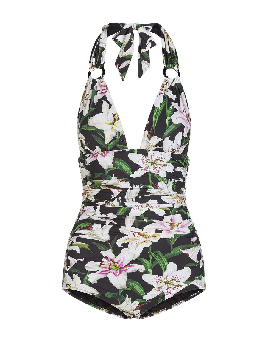 One-piece swimsuit with lilium print