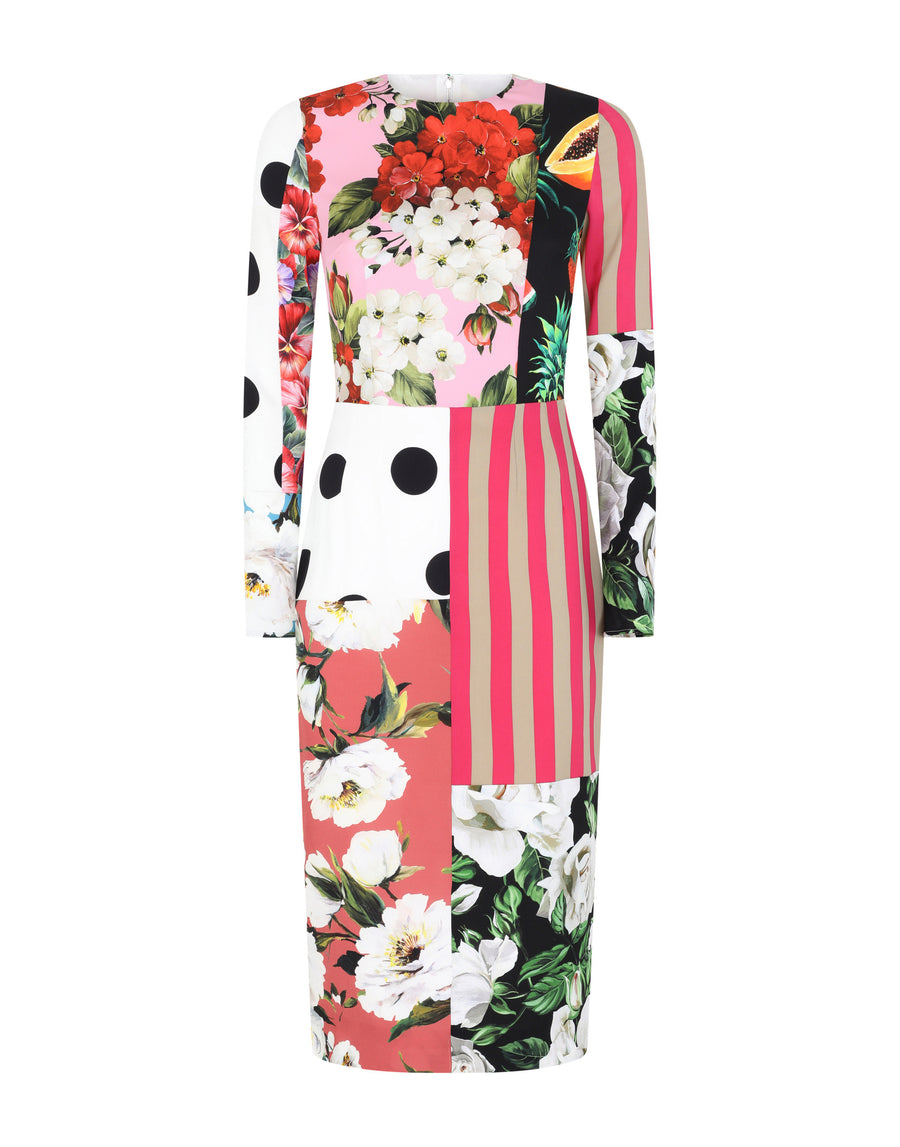 Calf-length patchwork-print charmeuse dress