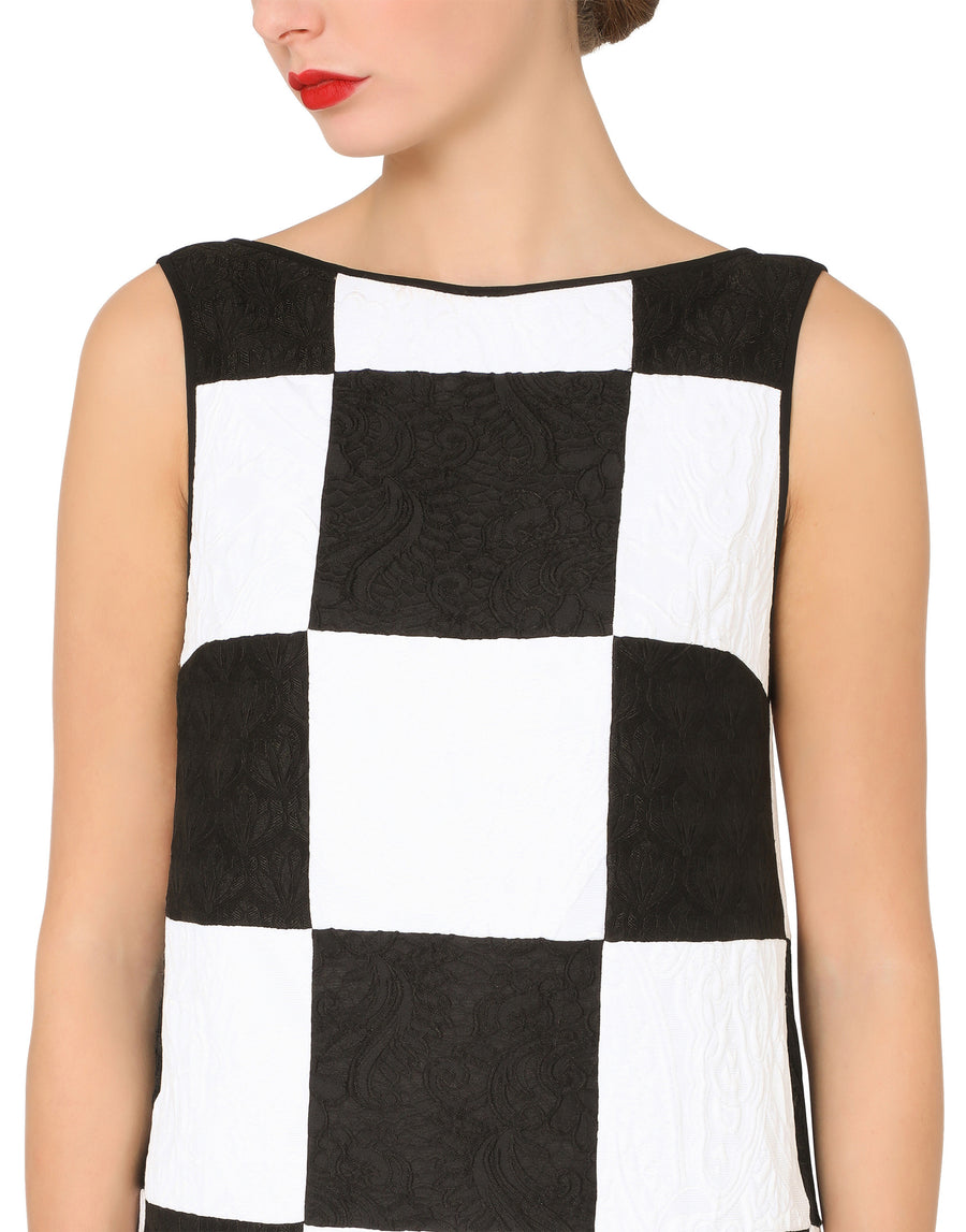 Sleeveless damier dress in patchwork jacquard