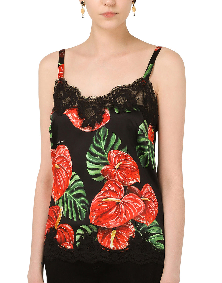 Silk top with anthurium print and lace