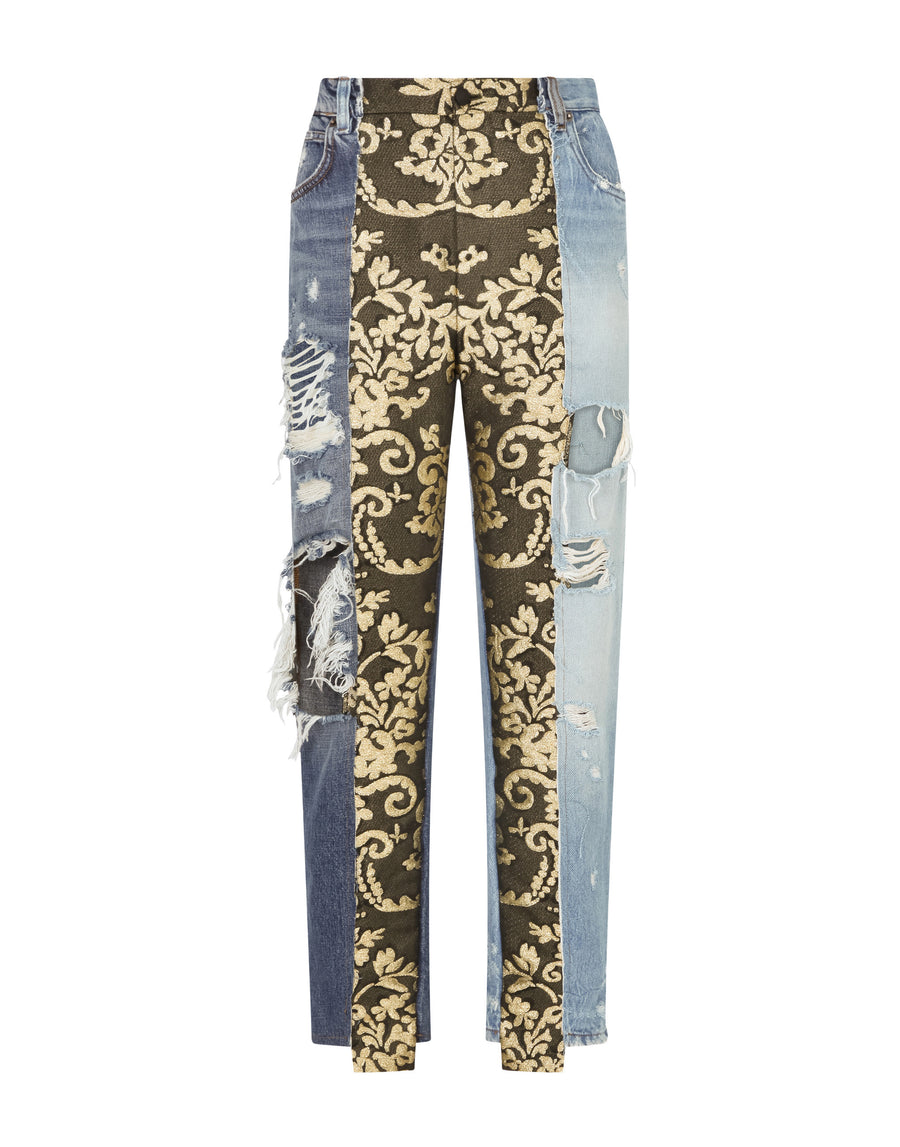 High-waisted jacquard and denim jeans