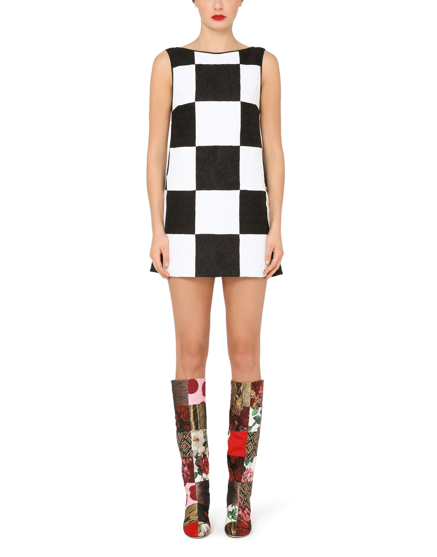 Sleeveless damier dress in patchwork jacquard