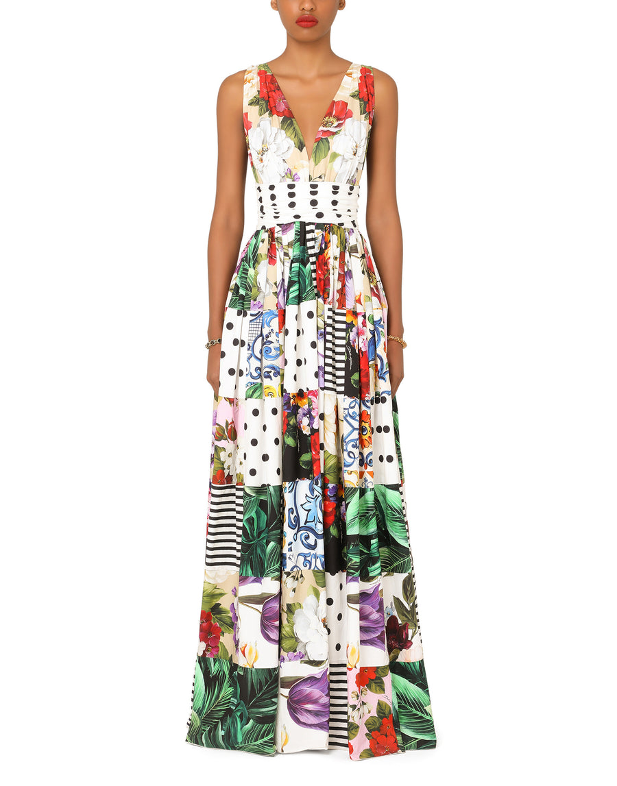 Long sleeveless patchwork poplin dress