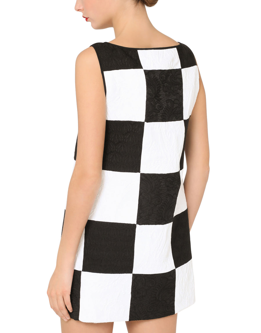 Sleeveless damier dress in patchwork jacquard