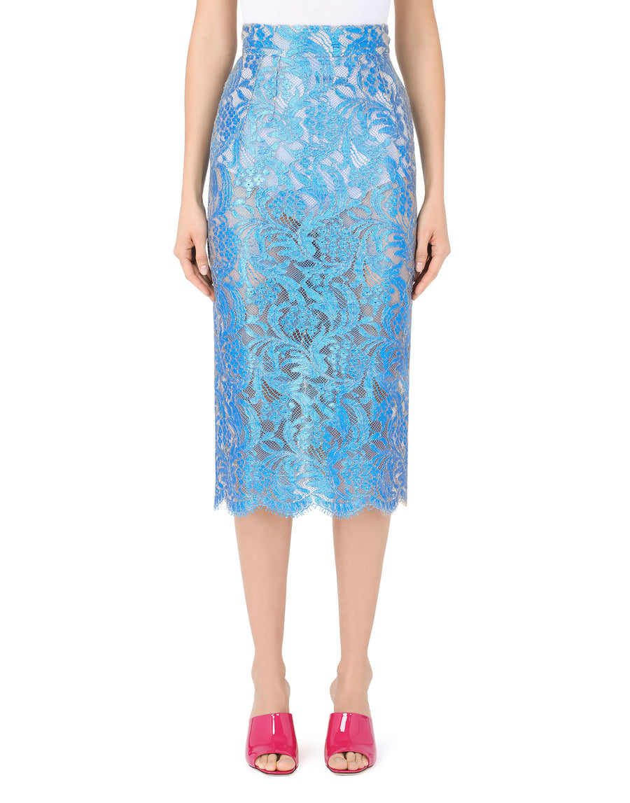 Laminated lace midi skirt