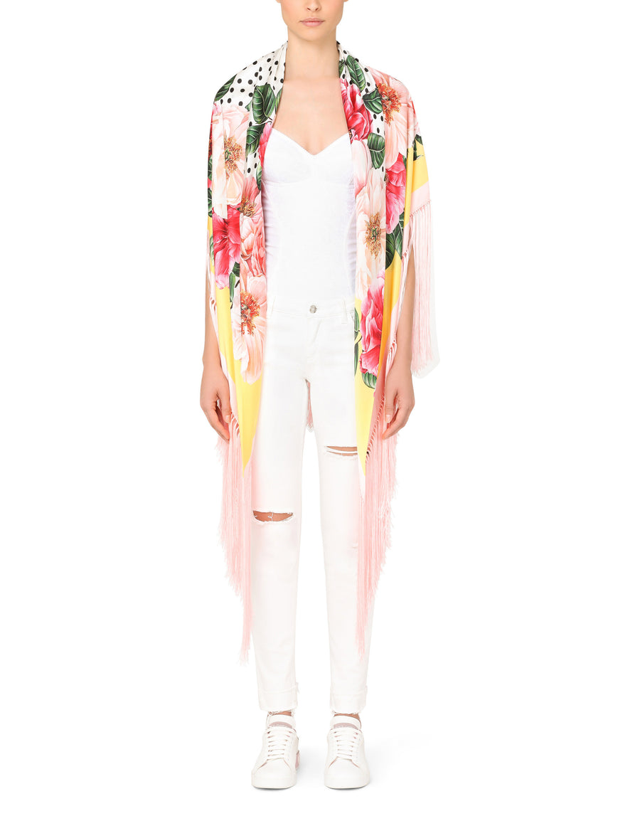 Camellia-print silk satin foulard with fringing