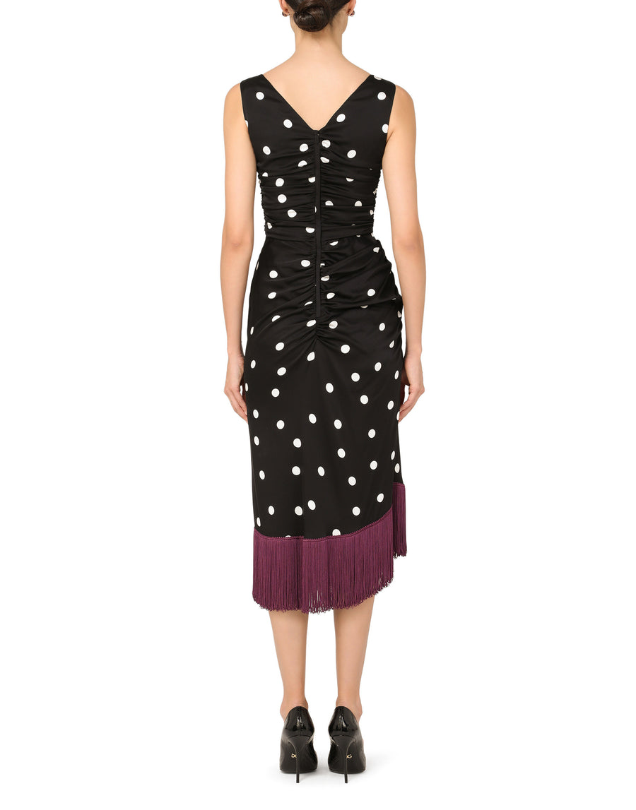 Calf-length draped dress in polka-dot print charmeuse