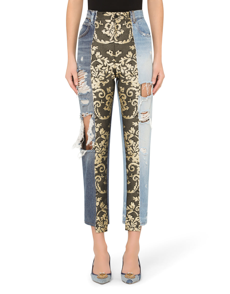 High-waisted jacquard and denim jeans