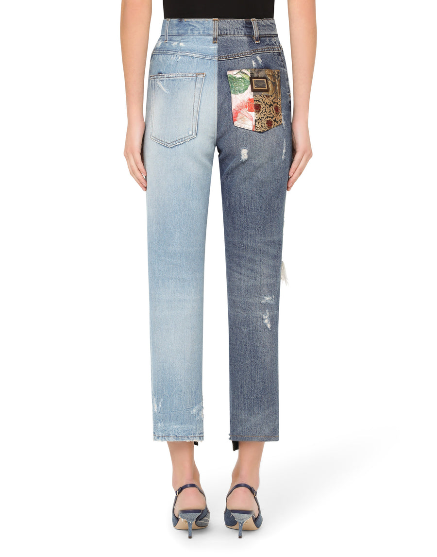 High-waisted jacquard and denim jeans