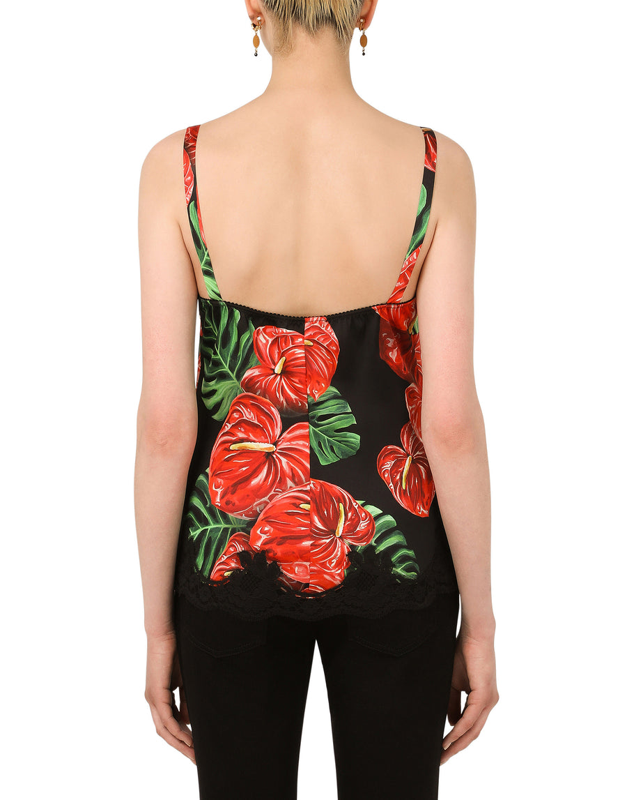 Silk top with anthurium print and lace