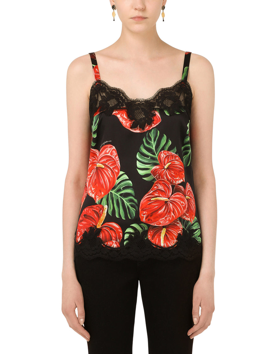 Silk top with anthurium print and lace