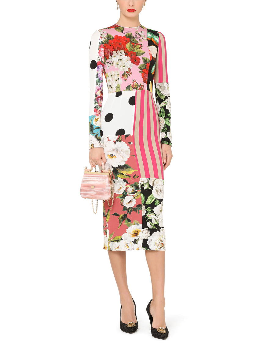 Calf-length patchwork-print charmeuse dress