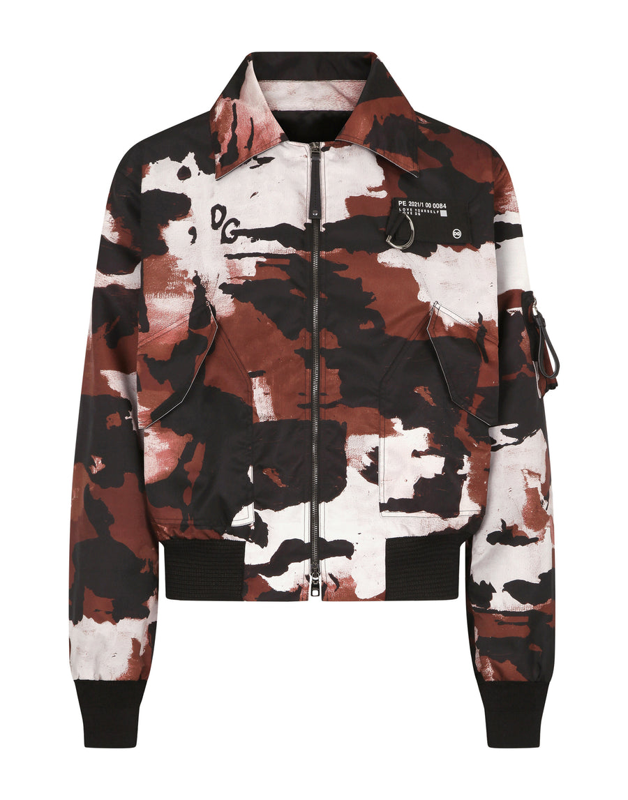 Camouflage-print nylon jacket with multiple logos